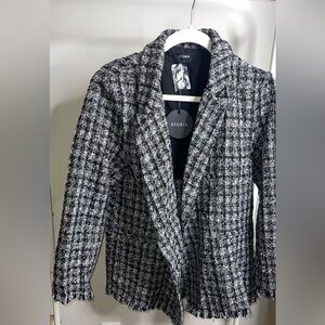 Plaid black & white boutique blazer size small with fringe edges